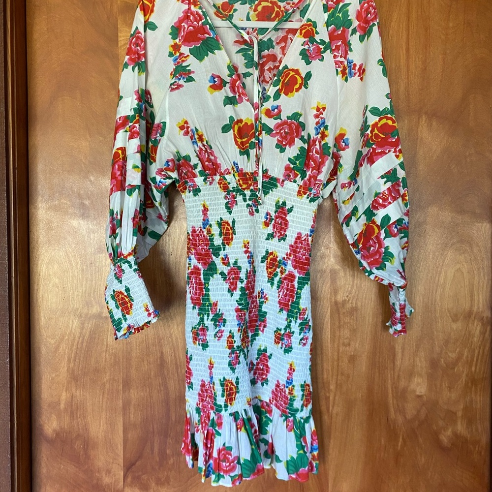 RHODE White Floral Smocked Midi Anya Dress - Red Pink Green